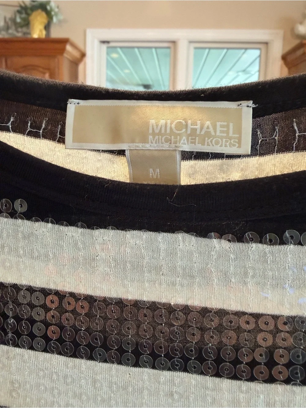 Michael Kors Black and White Sequin Striped Maxi Dress